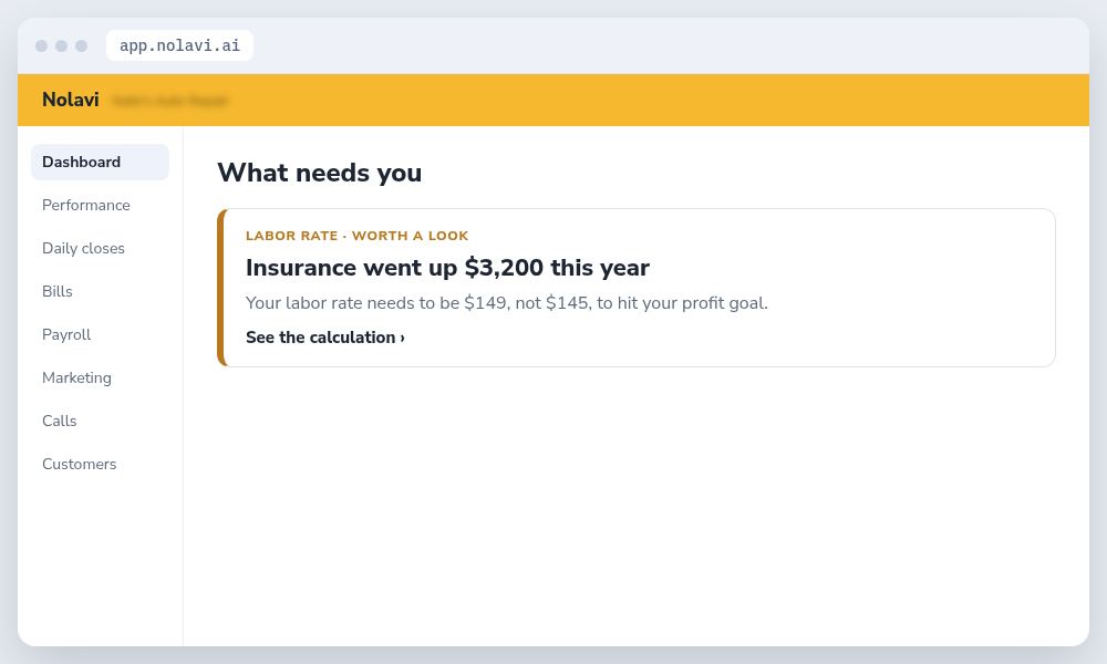 Nolavi labor rate alert showing an auto repair shop needs to raise its rate after insurance cost increased
