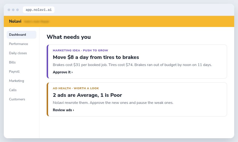 Nolavi dashboard showing a marketing idea to move ad budget to brakes and two ads ready to improve