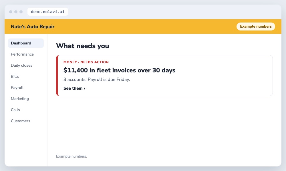 Nolavi alert that unpaid fleet invoices are blocking auto repair shop payroll cash