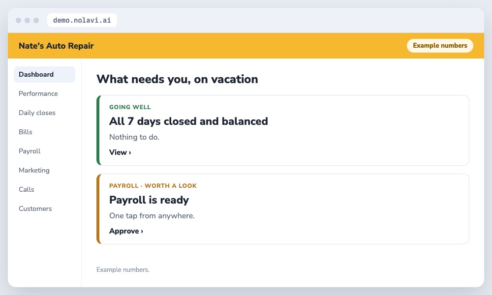 Nolavi phone list for an auto repair owner on vacation showing balanced days and payroll to approve