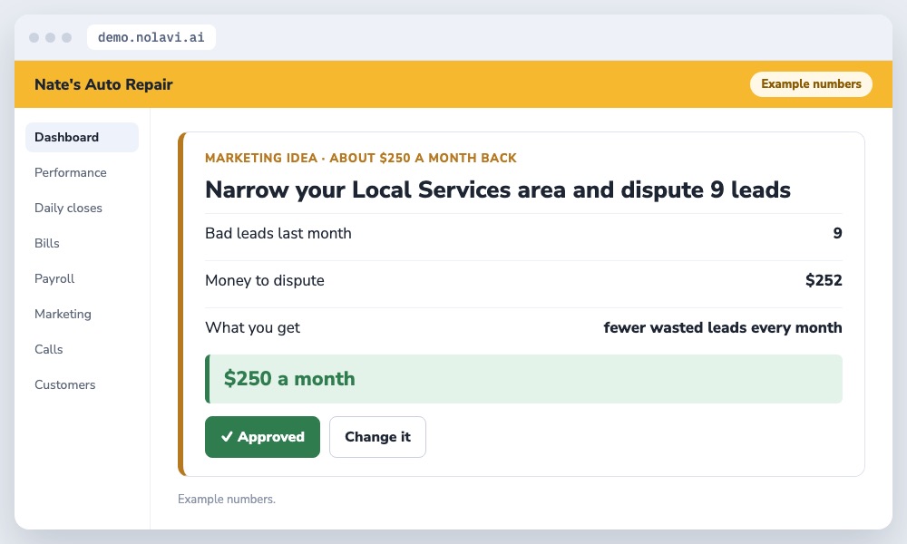 Nolavi marketing idea to fix Google Local Services Ads settings for an auto repair shop