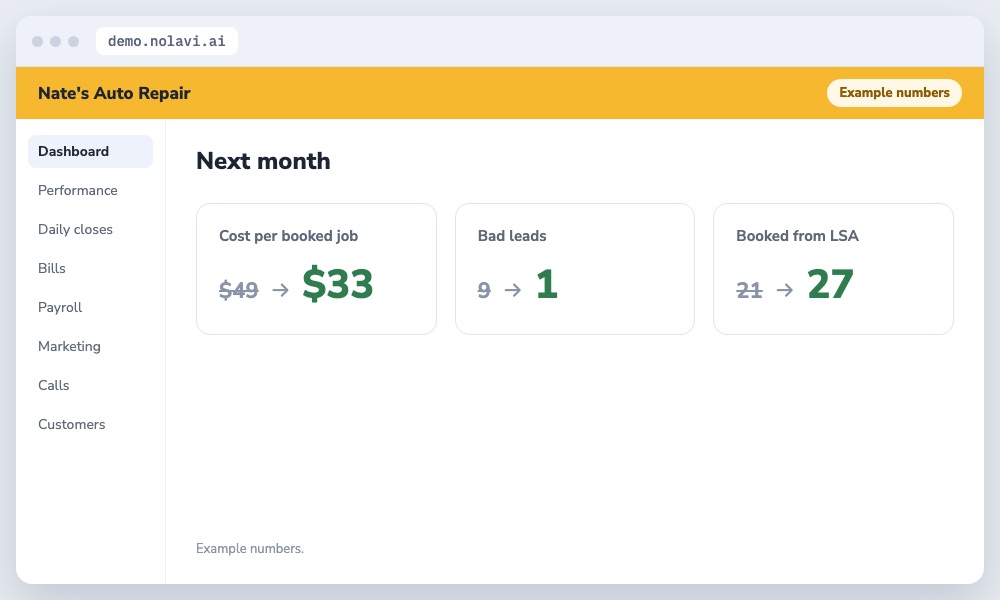 Google Local Services Ads results for an auto repair shop after narrowing settings