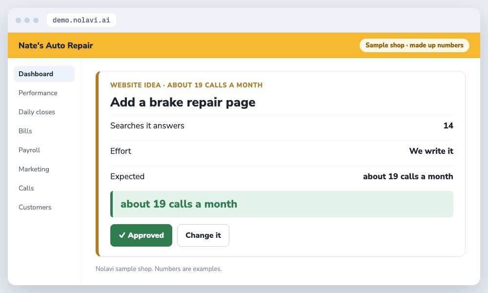 Nolavi idea to add a brake repair service page to an auto repair website, approved