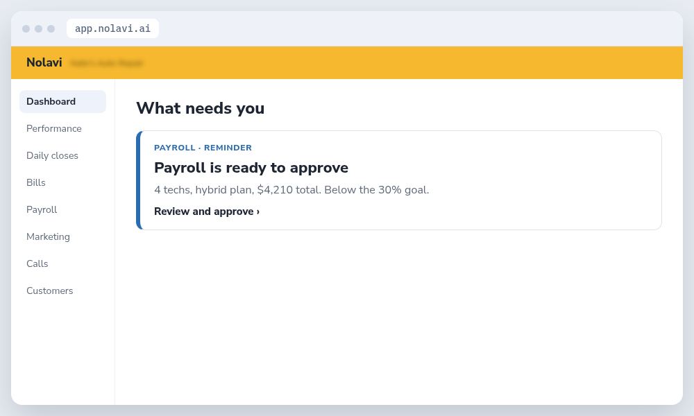 Nolavi payroll approval card for a hybrid pay plan auto repair shop ready for owner approval