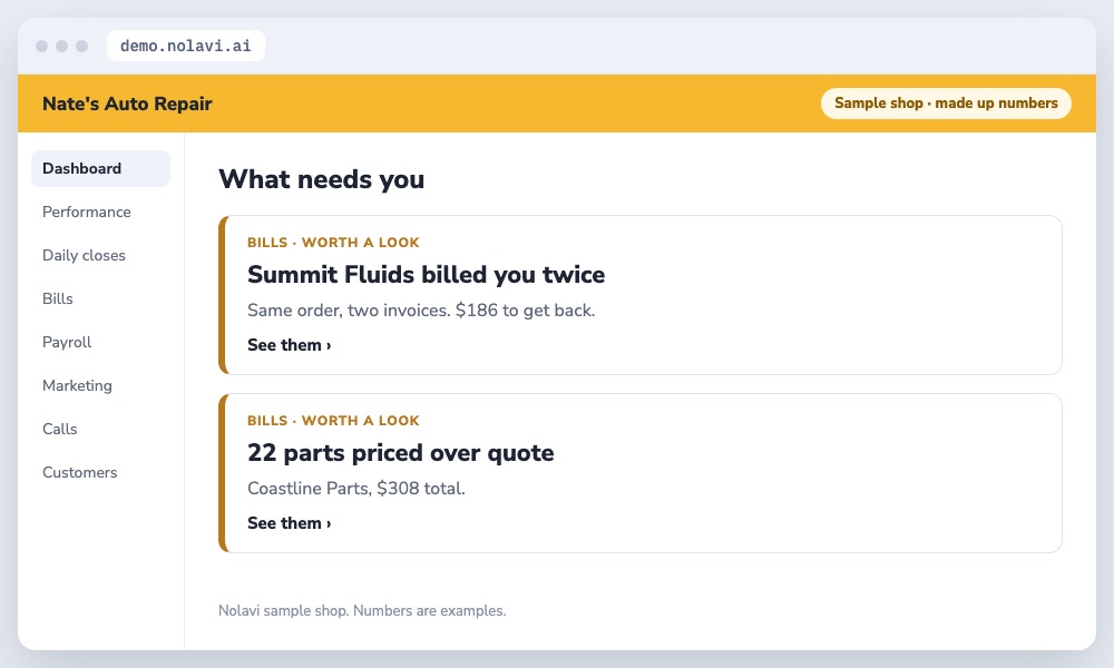 Nolavi alerts that a parts vendor double billed an auto repair shop and charged over the quoted price