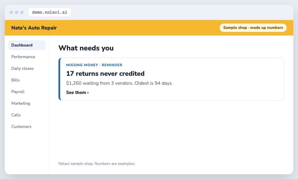 Nolavi reminder that 17 auto repair parts returns and cores were never credited by vendors
