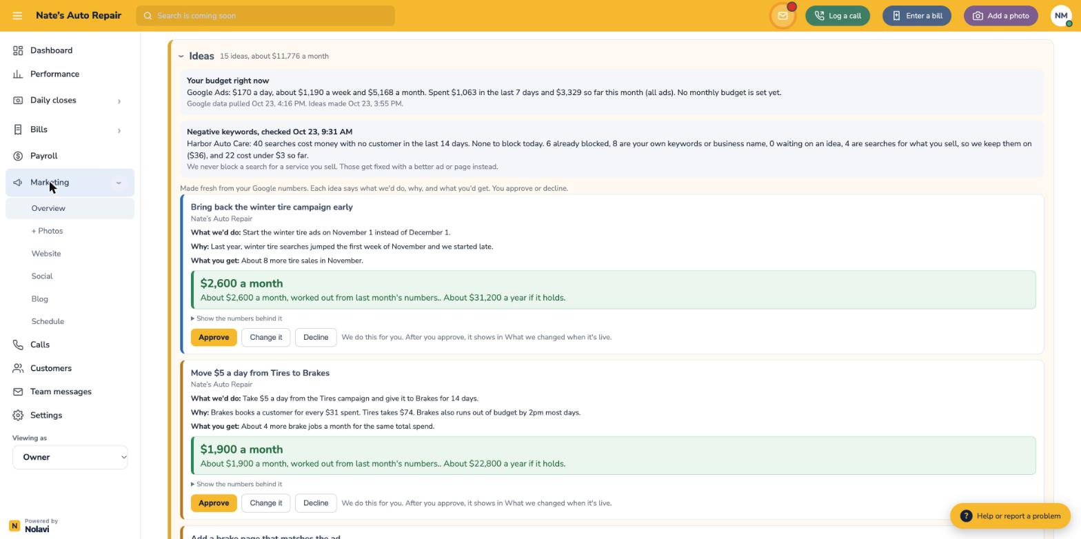 The marketing ideas list with Approve, Change it and Decline on each idea
